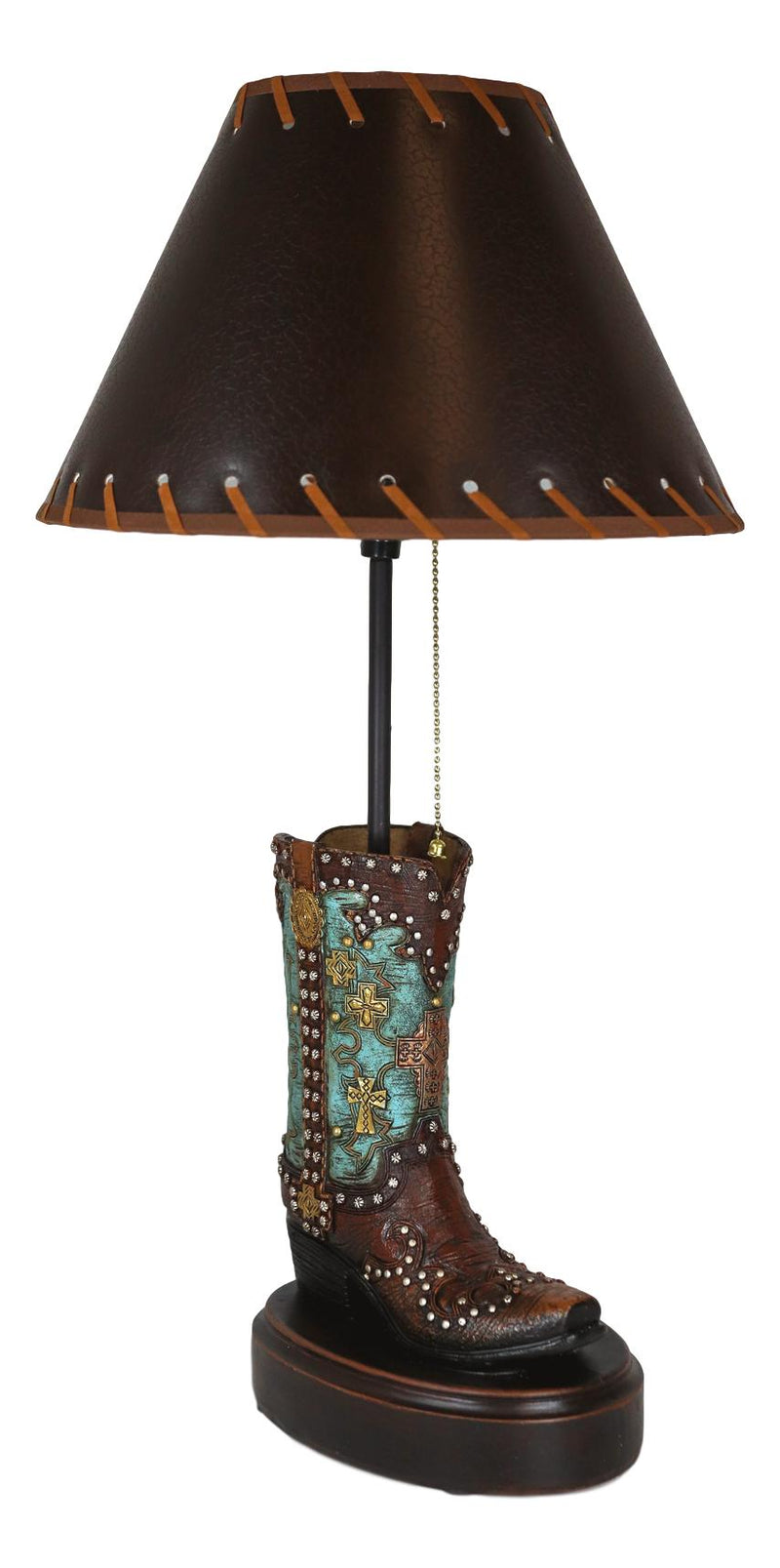 Western Tooled Turquoise Cowboy Boot Hand Painted Desktop Table Lamp With Shade