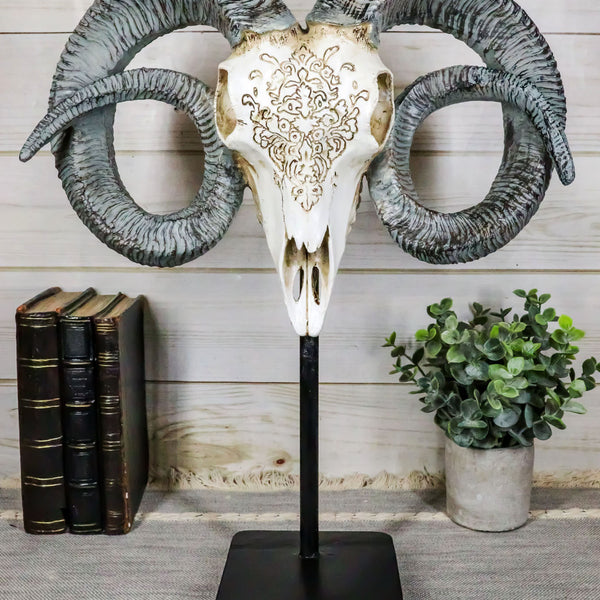 Rustic Tooled Floral Lace Dorset Horn Sheep Ram Skull Sculpture On