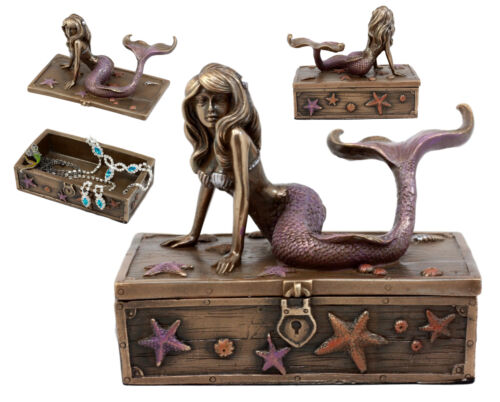 Ebros Bronzed Resin Mermaid Ariel Resting Jewelry Trinket Decorative Box 5" L - Ebros Gift