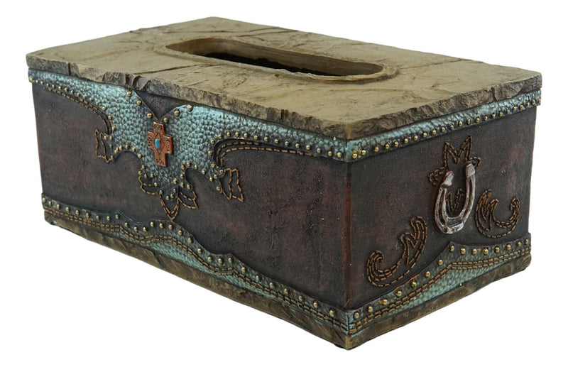 Rustic Western Turquoise Cowboy Lucky Horseshoes & Cross Tissue Box Holder Case
