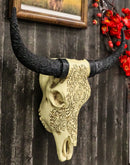 Tribal Floral Vines Tooled Bison Bull Cow Skull With Horns Wall Decor Plaque