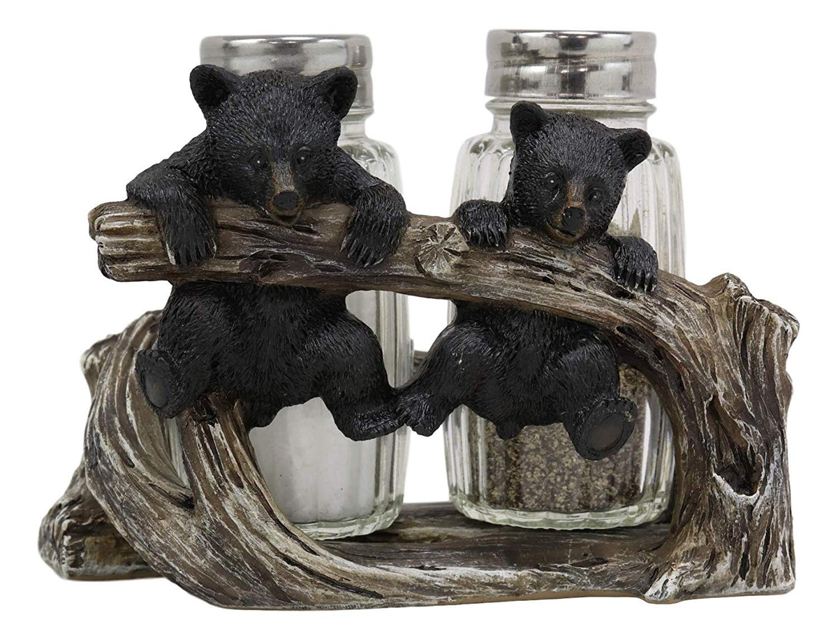 Ebros Rustic 2 Black Bear Cubs On Branch Salt & Pepper Shaker Holder Decor 5" L