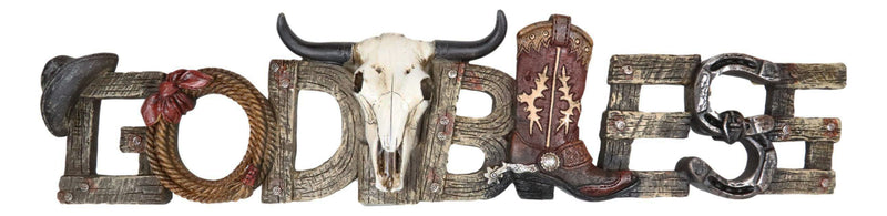 Rustic Western Cowboy Boot Hat Cow Skull Ropes God Bless Sign Wall Plaque Decor