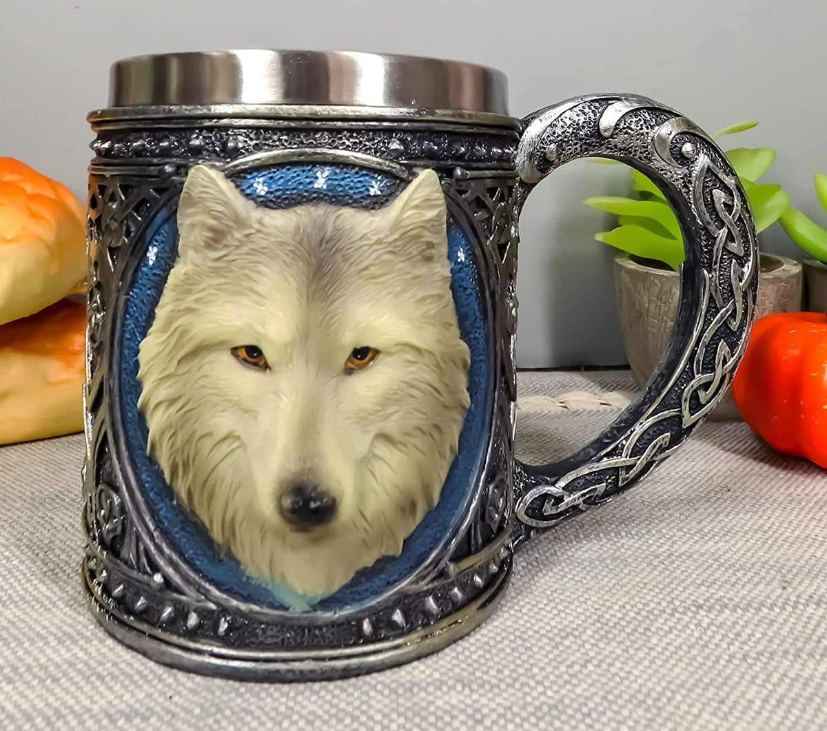 Ebros Alpha Gray Wolf Celtic Tribal Magic Resin 16oz Mug w/ Stainless Steel Rim - Ebros Gift