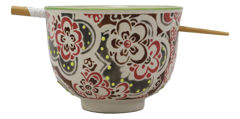 Ebros Gift Persian Summer Colorful Floral Blossoms Ramen Udong Noodles 5" Diameter Bowl With Built In Chopsticks Rest and Bamboo Chopstick Set for Dining Soup Rice Meal Bowls Decor Kitchen