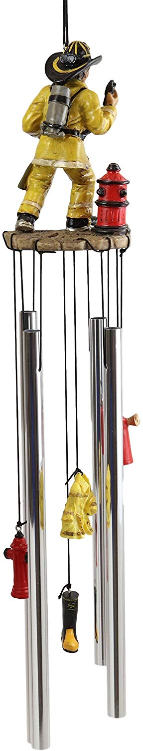 Ebros Gift Yellow Gear Outfit Fireman in Line of Duty with Axe and Red Hydrant Resonant Relaxing Wind Chime Patio Garden Accent of Fire Fighters Hydrants 911 Emergency Civil Service - Ebros Gift