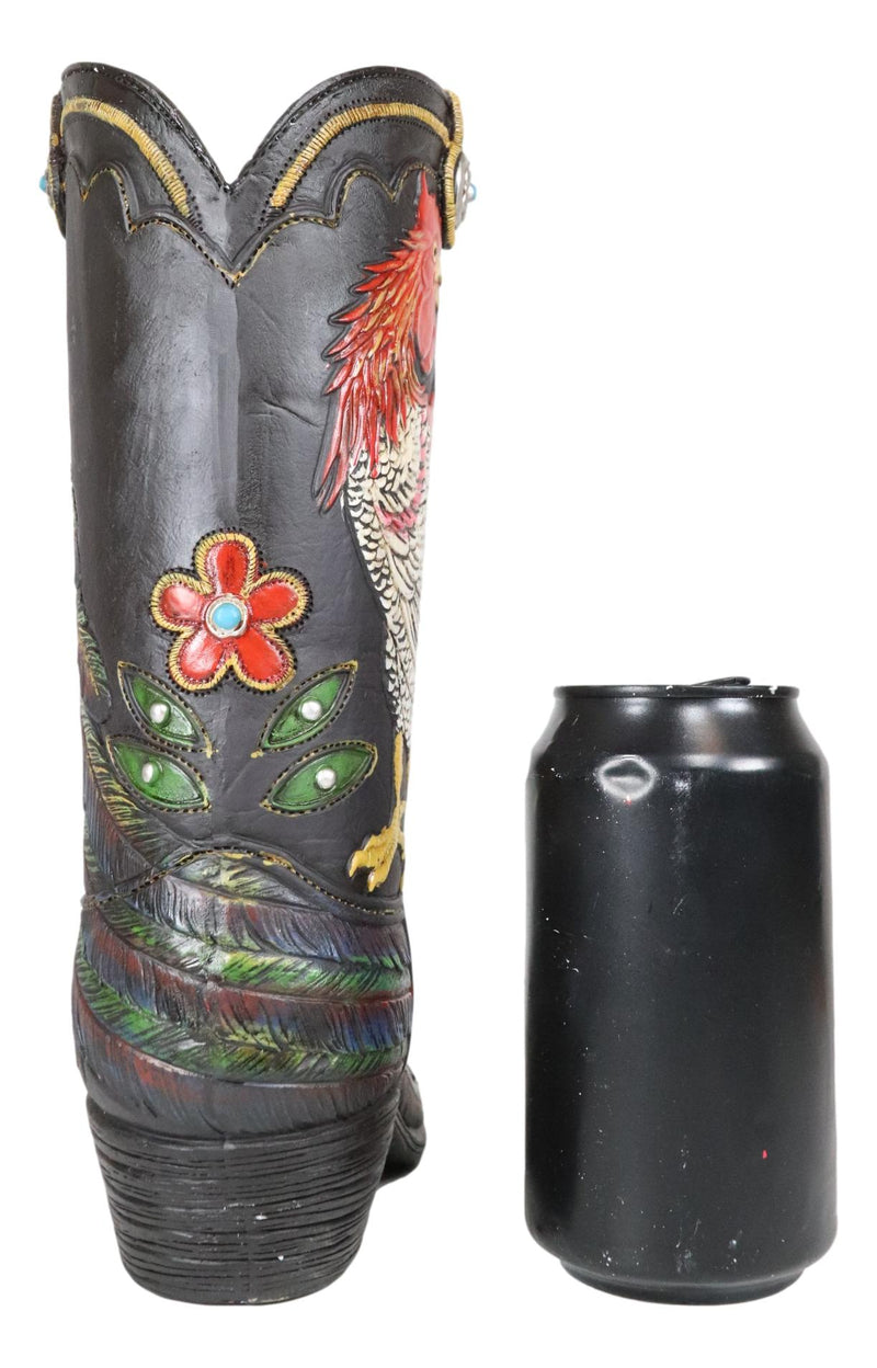 Western Country Floral Rooster Faux Tooled Leather Cowboy Boot Vase Figurine