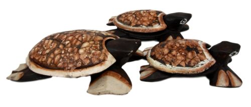 Balinese Wood Handicrafts Sea Turtle Tortoise Family Ashtray Box Figurine Set