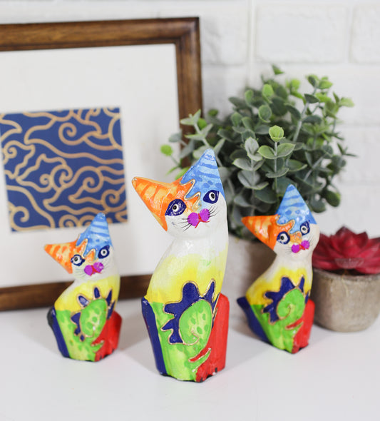 Ebros Balinese Wood Handicrafts Bright Colors Cat Family Set of 3 Figurines - Ebros Gift