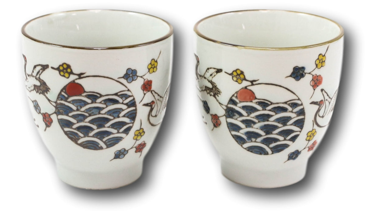 Pack Of 4 Japanese Sakura Cherry Blossom White Crane Ceramic Tea Cups Teacups - Ebros Gift