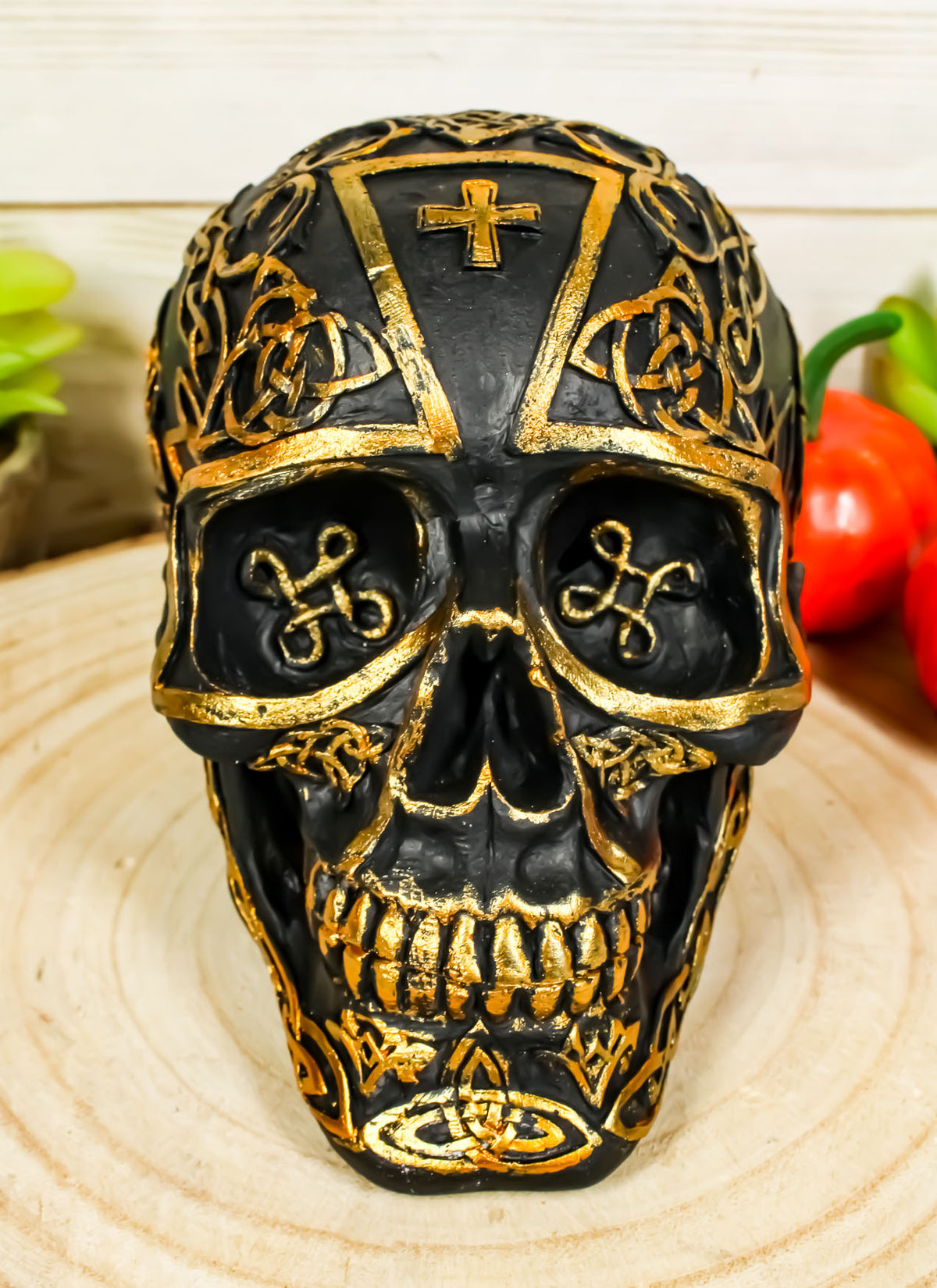 Ebros Celtic Trinity Knotwork Crusader Templar Knights Cross Black Gold Skull Statue
