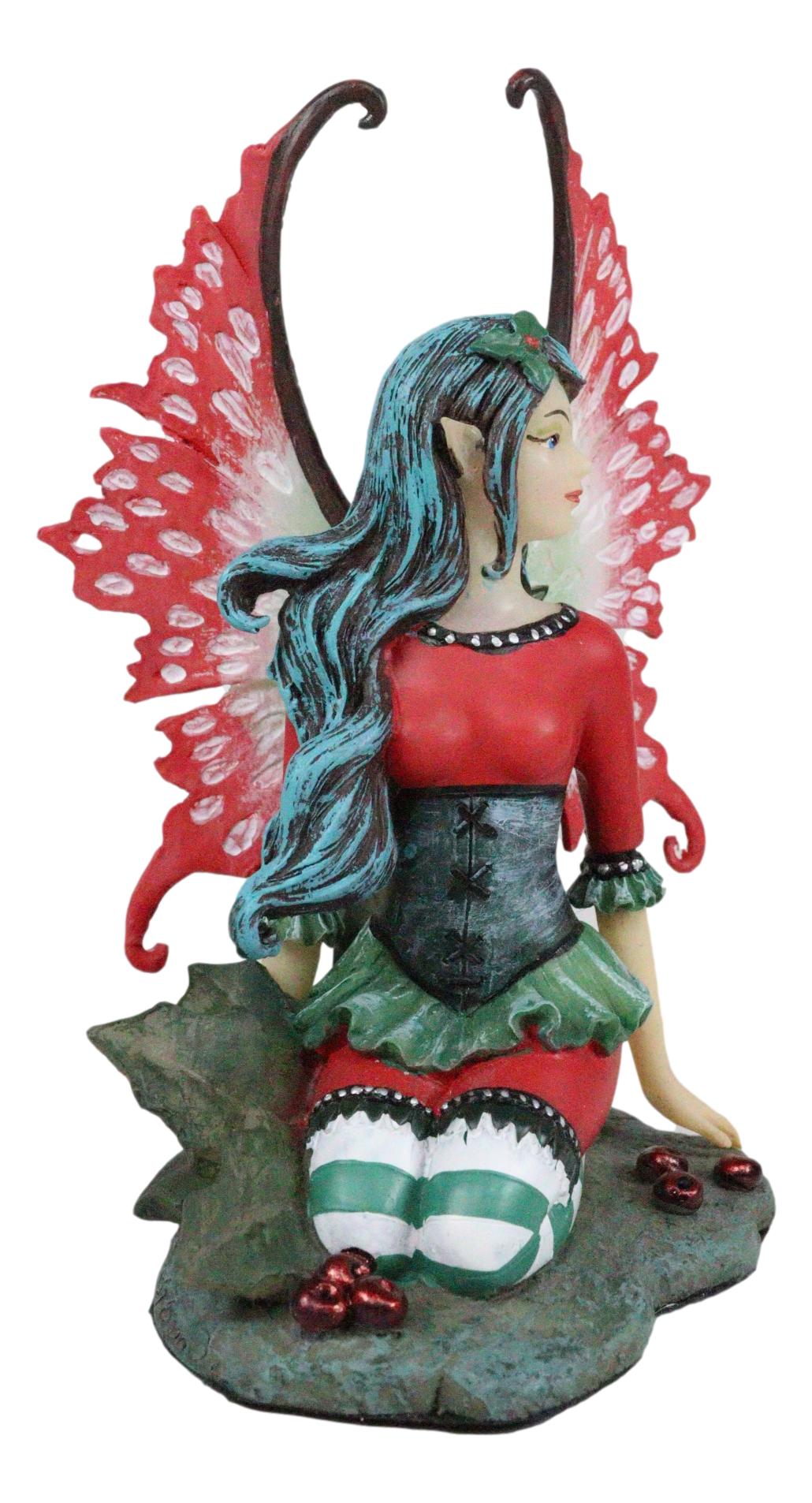 Ebros Amy Brown Christmas Red English Holly Berry Elf Fairy Figurine Holiday Fae Pixie