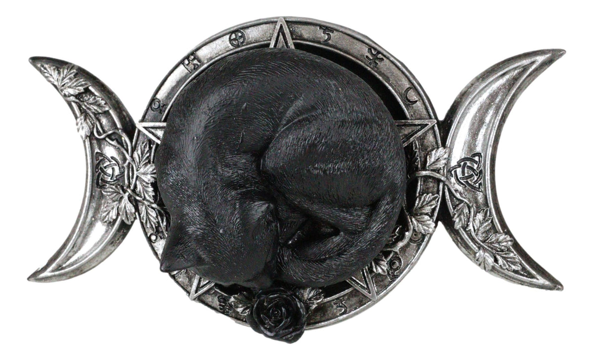 Wicca Witchcraft Triple Moon Insignia With Sleeping Black Cat And Rose Figurine