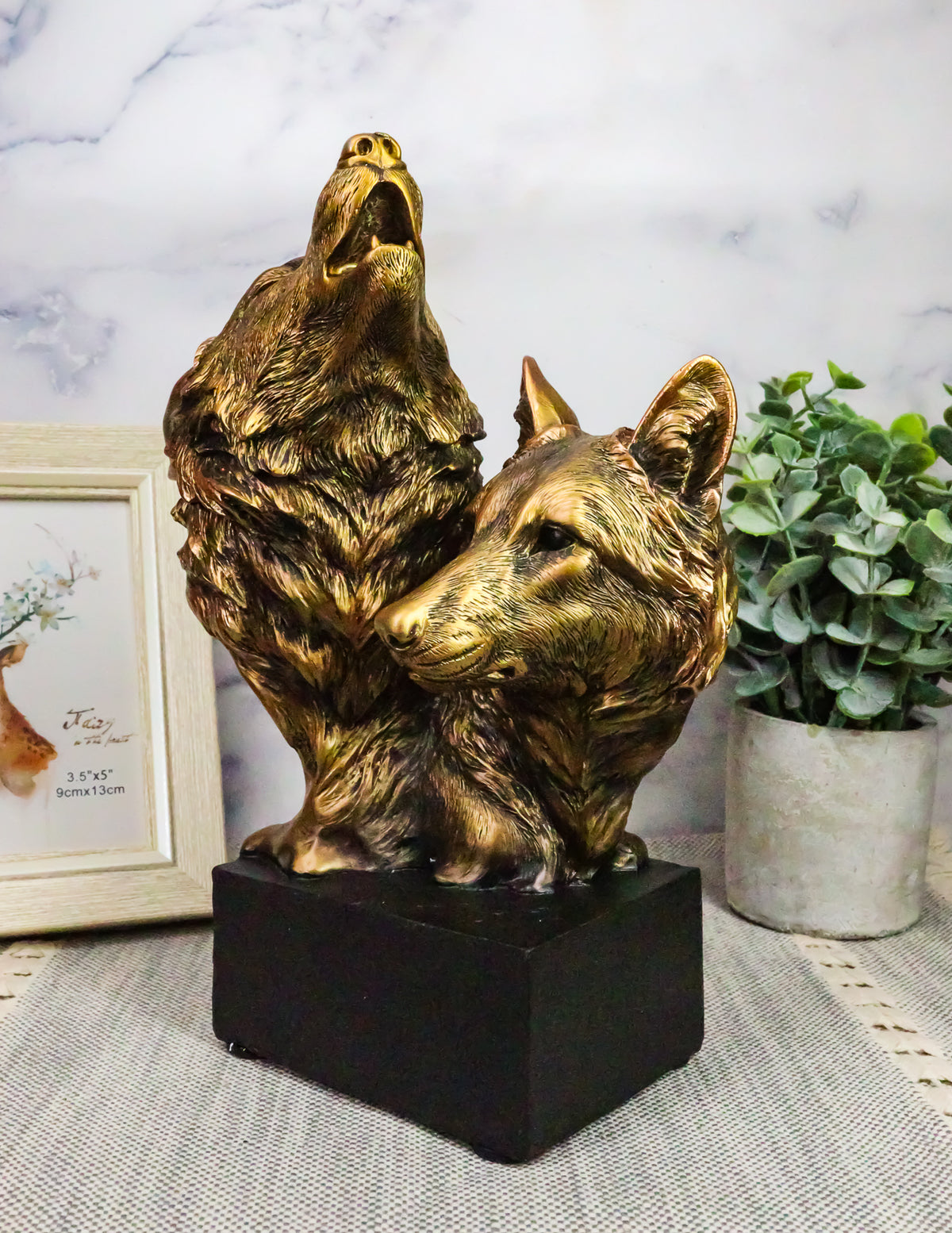 Ebros Gift 9" Tall Gray Wolf and Pup Head Bust Figurine with Black Pedestal