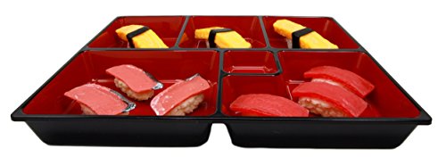 Ebros Gift Japanese 6 Compartments Bento Box Style Lacquered Plastic Serving or Display Platter Tray 11.5" by 9.25"
