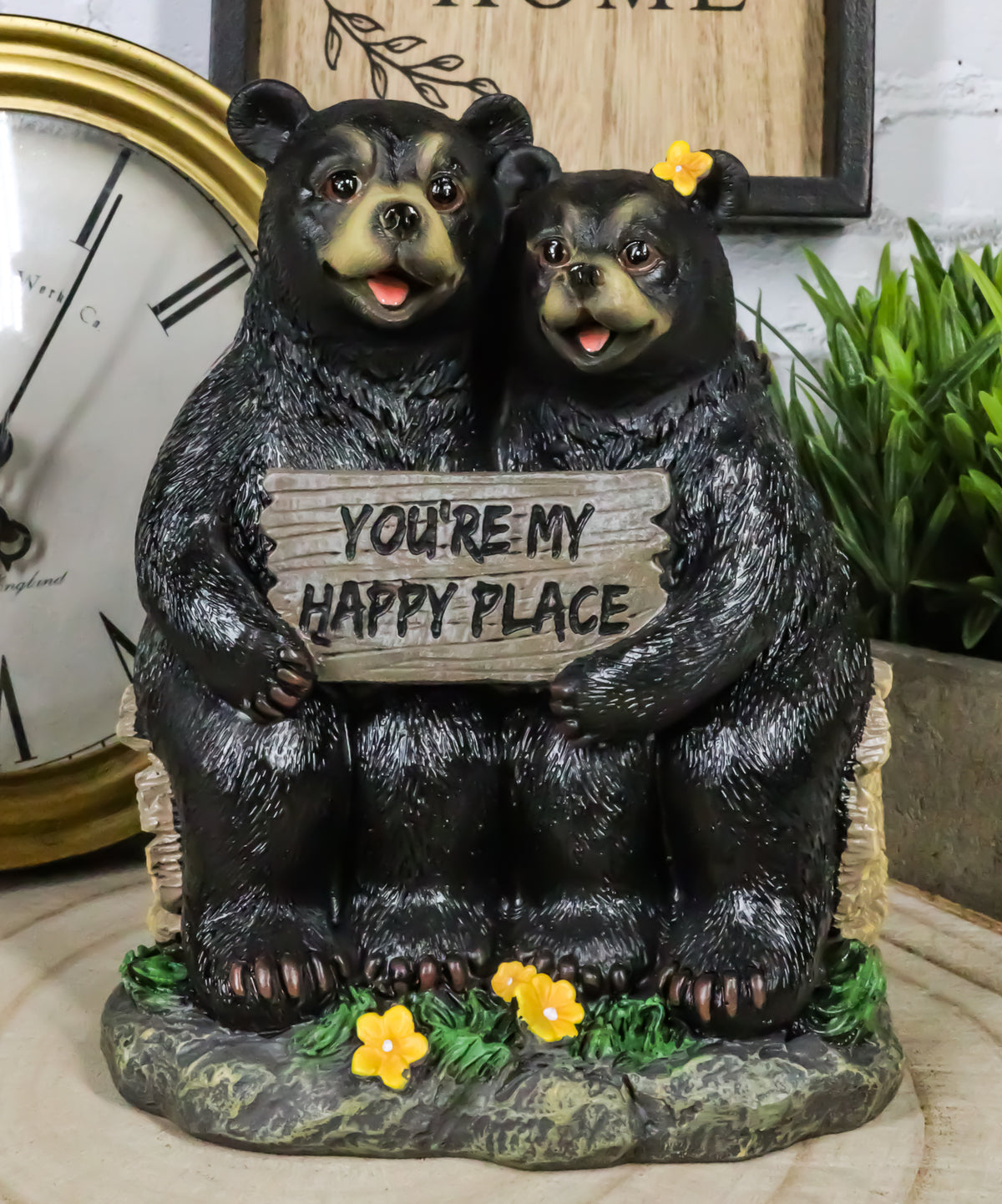 Whimsical Black Bears Couple On Tree Log You're My Happy Place Sign Figurine