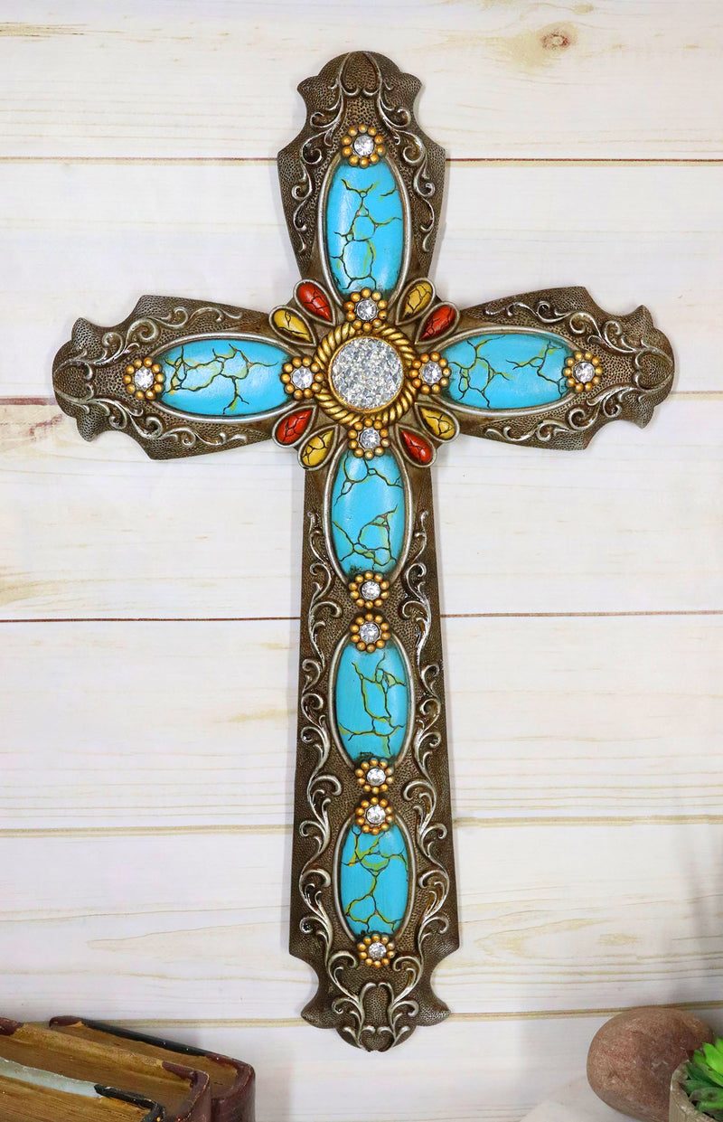 18"H Rustic Western Scroll Lace Wall Cross With Crystals & Turquoise Gemstones