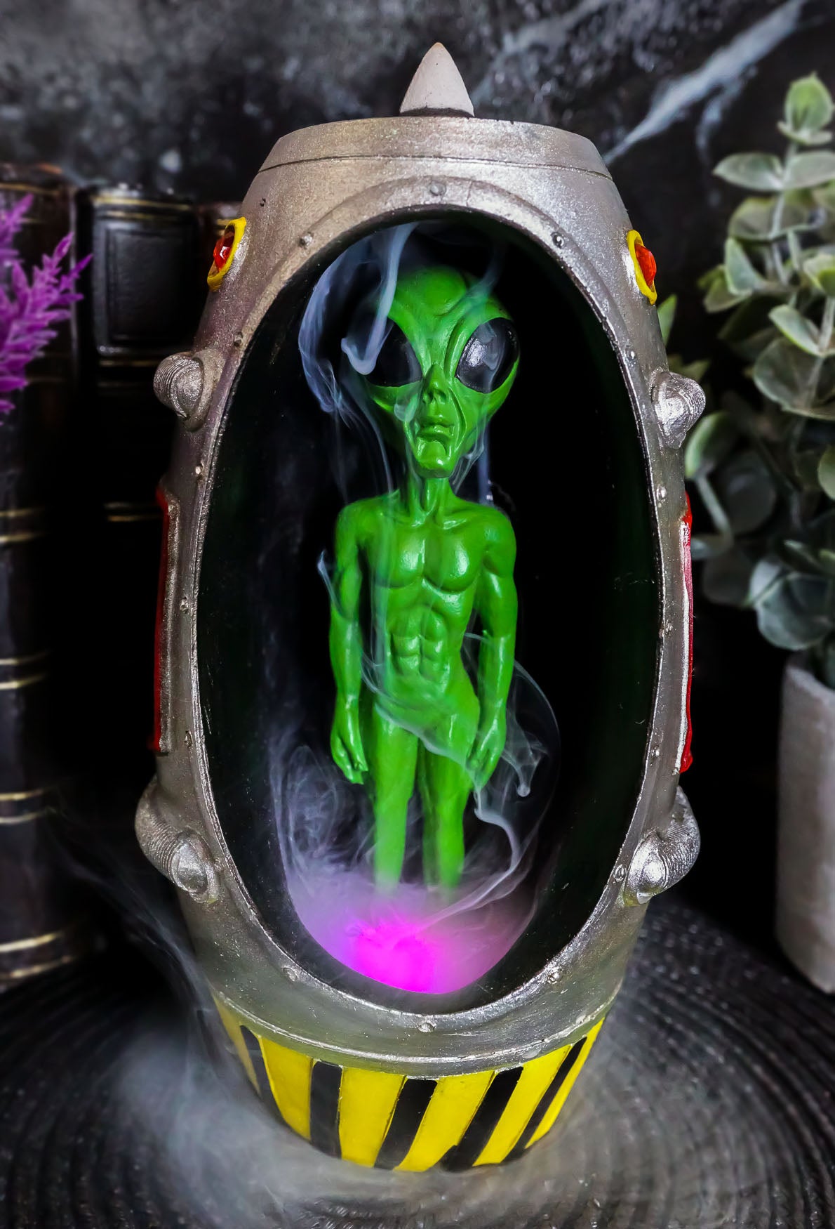 UFO Green Alien In Spaceship Capsule Backflow Incense Burner With LED Lights