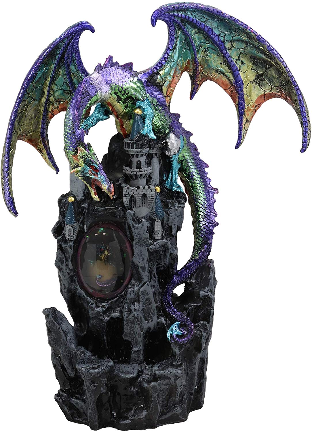 Large Rainbow Dragon On Castle Statue With Wyrmling In Egg LED Light Glass Ball - Ebros Gift