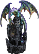 Ebros Large 13" Tall Aurora Rainbow Dragon Climbing Gothic Fortress Castle Above Rocky Cliff Statue with LED Light Glass Window Showing Wyrmling Hatchling Baby Medieval Dungeons Dragons Fantasy Decor