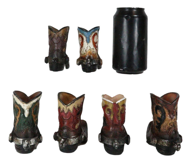 Western Tooled Leather Finish Mini Cowboy Boots With Spurs Figurine Set Of 6