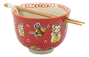 Lucky Cat Japanese Maneki Neko Red Porcelain Ramen Soup Bowl With Chopsticks Set