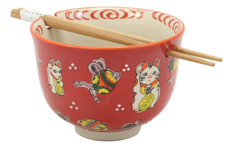 Lucky Cat Japanese Maneki Neko Red Porcelain Ramen Soup Bowl With Chopsticks Set