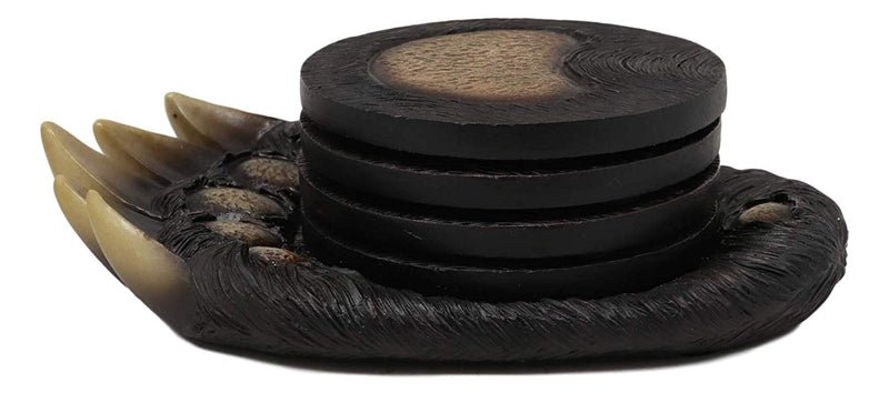 Rustic Forest Black Bear Paw With Claws Coaster Holder With 4 Round Coasters Set
