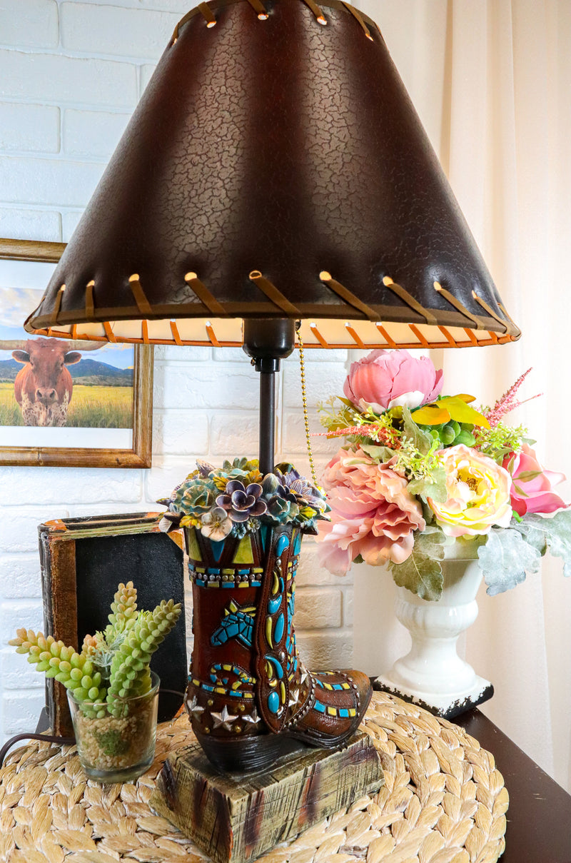 lamp for succulents Ebros Gift Rustic Western Faux Tooled Leather Floral Succulents Cowboy Boot Table Lamp
