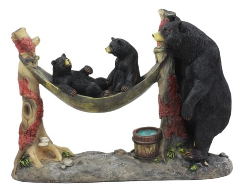 Mother Black Bear With Cubs In Outpost Camping Hammock Statue Wildlife Forest