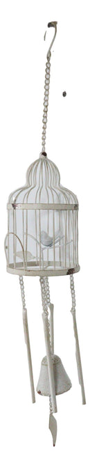 Whimsical Rustic White Bird Perching On Twig In Cage Aluminum Metal Wind Chime