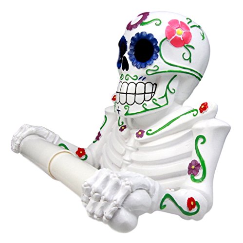 Ebros Gift White Day Of The Dead Sugar Skull Floral Skeleton Toilet Paper Holder Bathroom Wall Decoration Figurine - Ebros Gift