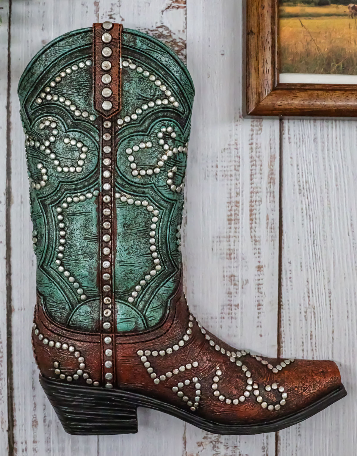Ebros Rustic Western Teal Faux Tooled Leather W/ Nailheads Cowgirl Boot Decor