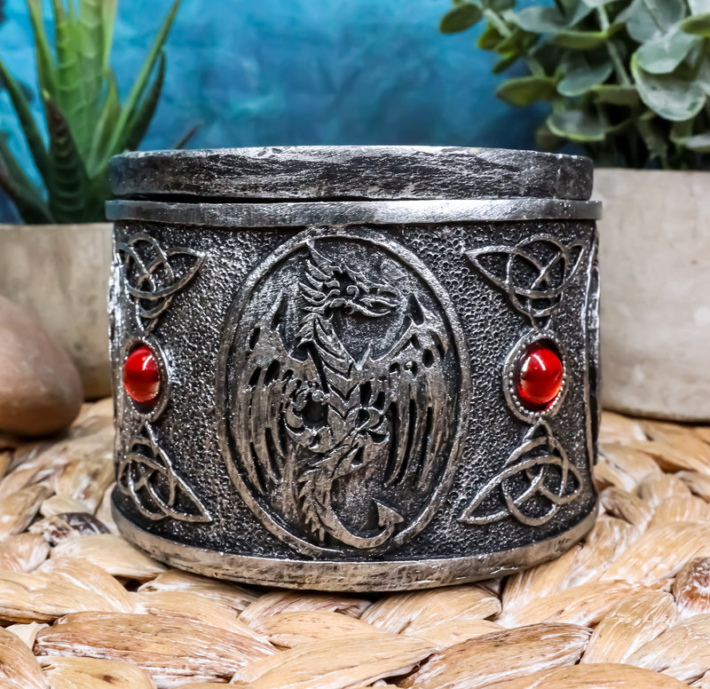 Ebros Gift Celtic Triad Red Gem Dragon Round Decorative Box Figurine 3.25"D