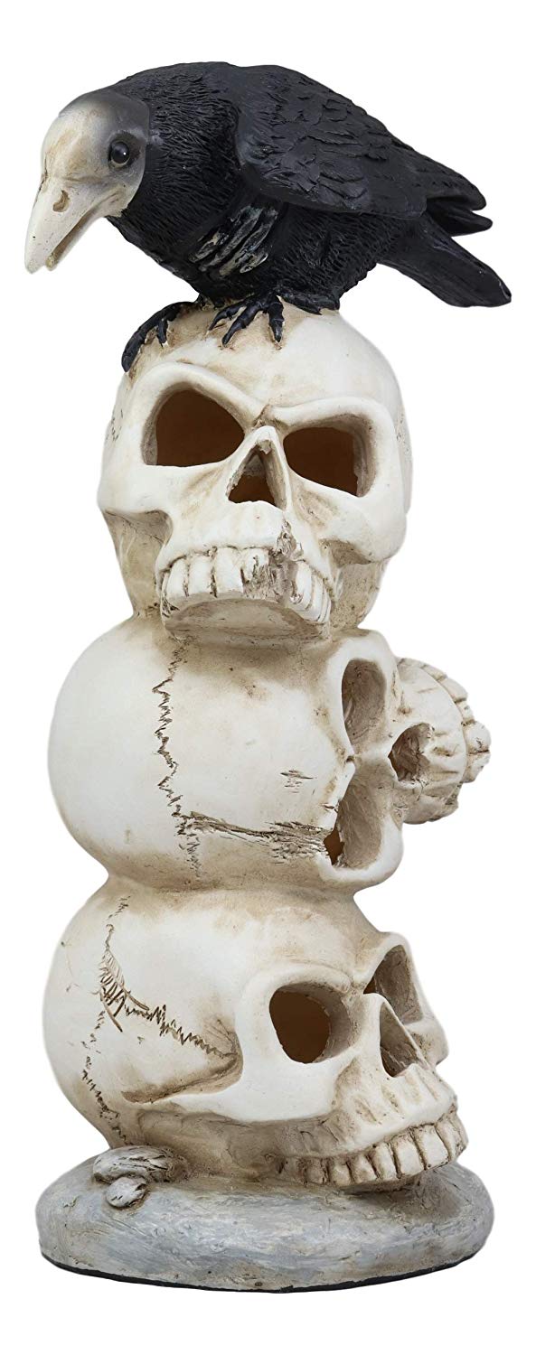 Ebros Gothic Raven Crow Bird Perching On Totem Stacked Skulls With LED Light Statue