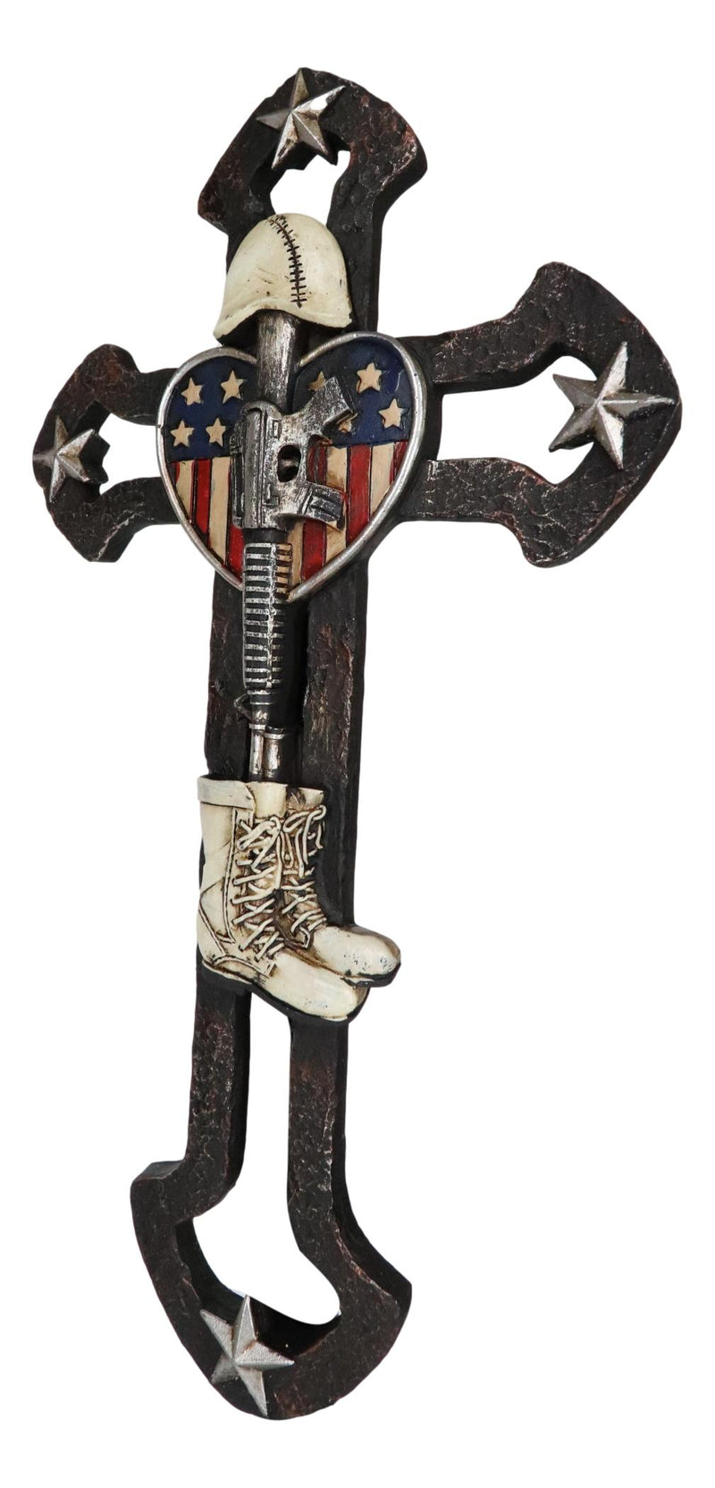 Rustic Western Stars USA Flag Heart Fallen Soldier Boot Rifle Helmet Wall Cross