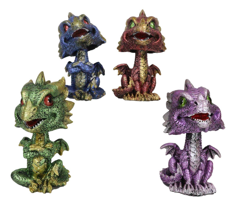 Set of 4 Whimsical Wyrmling Baby Dragons Sitting Naughty Bobblehead Figurines