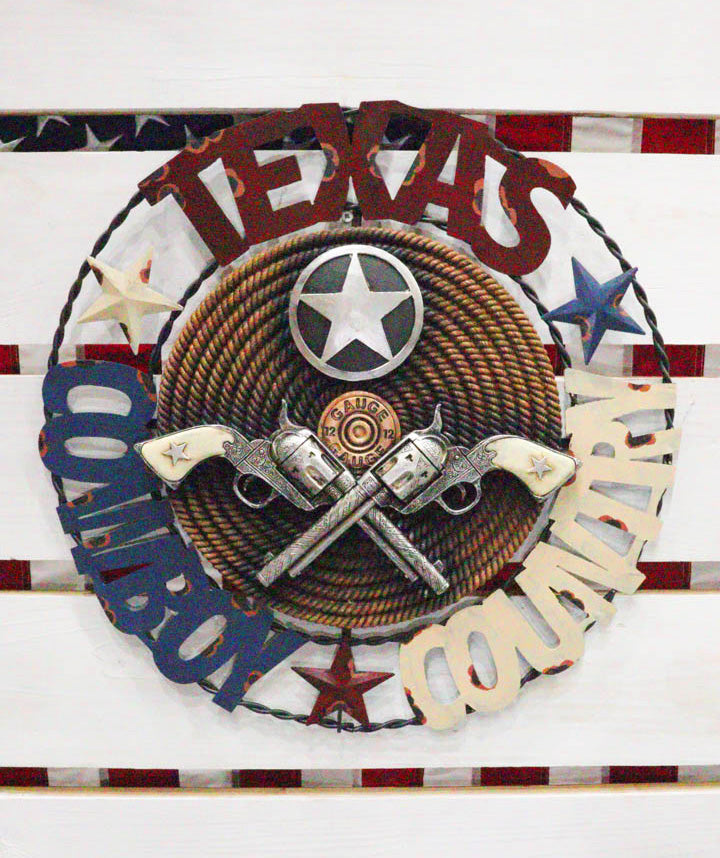 18" Wide Vintage Rustic Texas Cowboy Country 2 Pistols Metal Circle Wall Decor