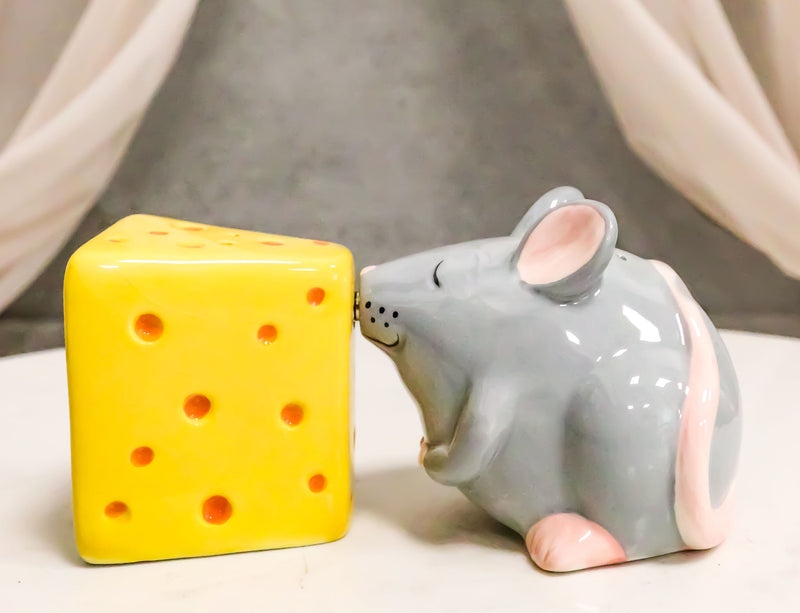 Grey Rat Mouse And Cheddar Cheese Block Ceramic Salt And Pepper Shakers Set