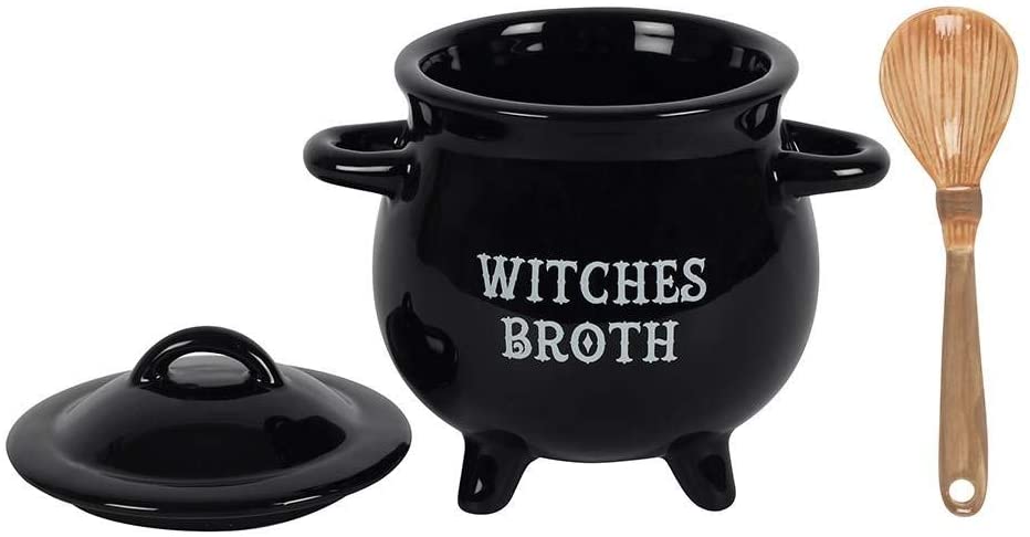 Witches Broth Cauldron Ceramic Bowl with Broom Spoon - Ebros Gift
