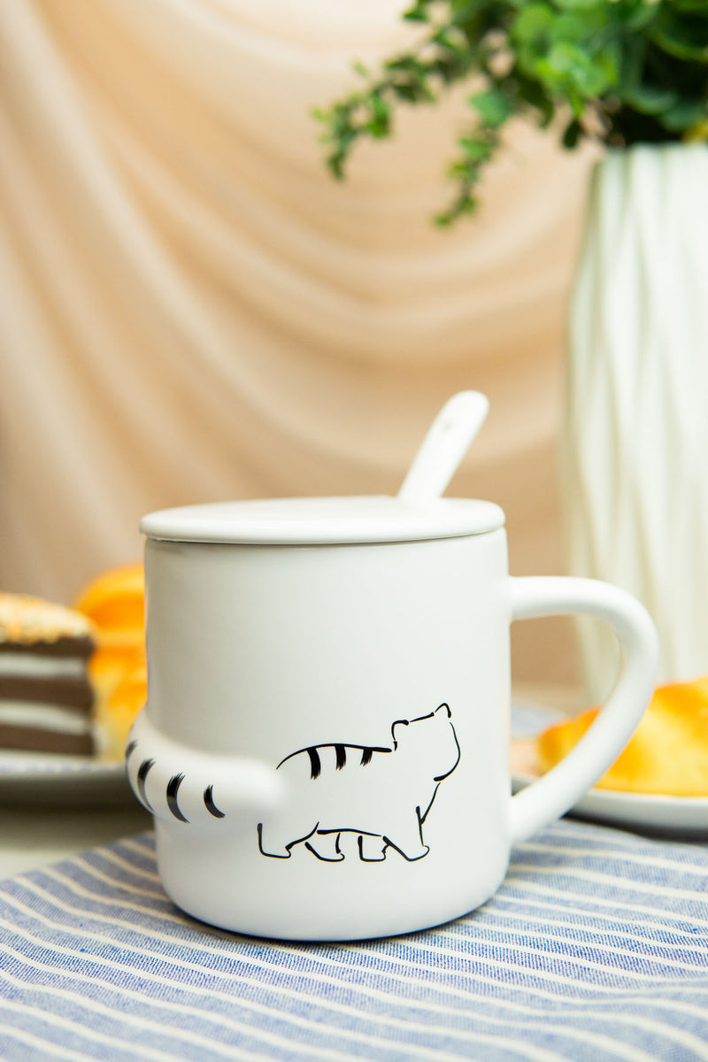 Pack Of 2 Black White Abstract Cats 3D Tail Coffee Mugs With Lid And Spoon 12oz