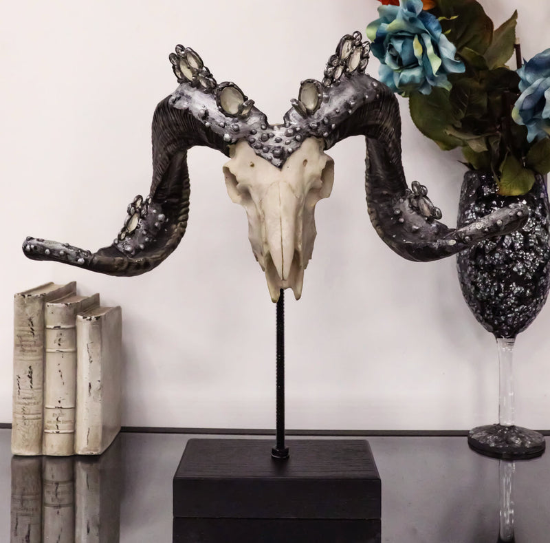 Ornate Crystal Gems Silver Bolted Bighorn Sheep Ram Skull Desktop Or Wall Plaque