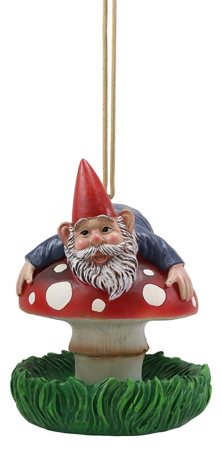 Ebros Naughty Gnome Stuck On Toadstool Mushroom Cap Bird Feeder Branch Hanger - Ebros Gift