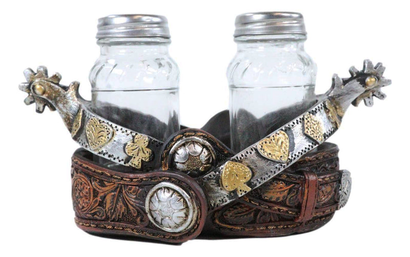 Western Cowboy Double Boot Spurs With Faux Leather Salt Pepper Shakers Holder