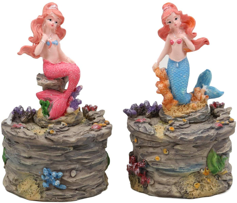 Ebros 4" Tall Blue and Pink Tailed Mermaid Mergirl Sisters Sitting On Coral Rocks Decorative Box Figurine Set of 2 Trinket Jewelry Keepsake of Under The Sea Ocean Marine Life Decor - Ebros Gift