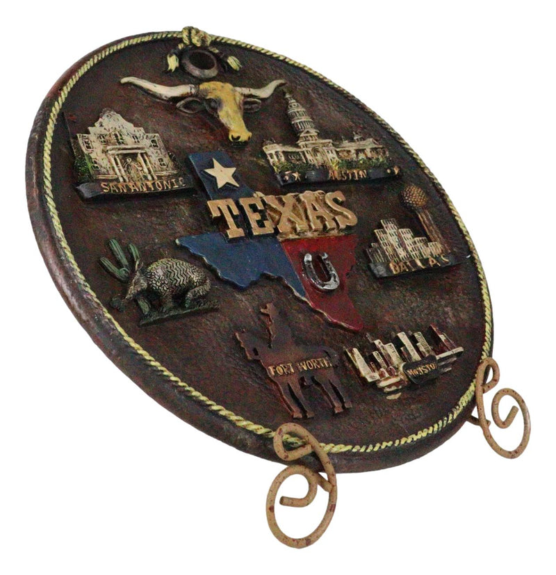 Western Texas State Map Houston Dallas Austin City Landmarks Wall Or Desk Plate