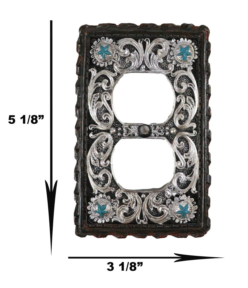 Set of 2 Western Turquoise Stars Lace Scroll Wall Double Receptacle Outlet Plate
