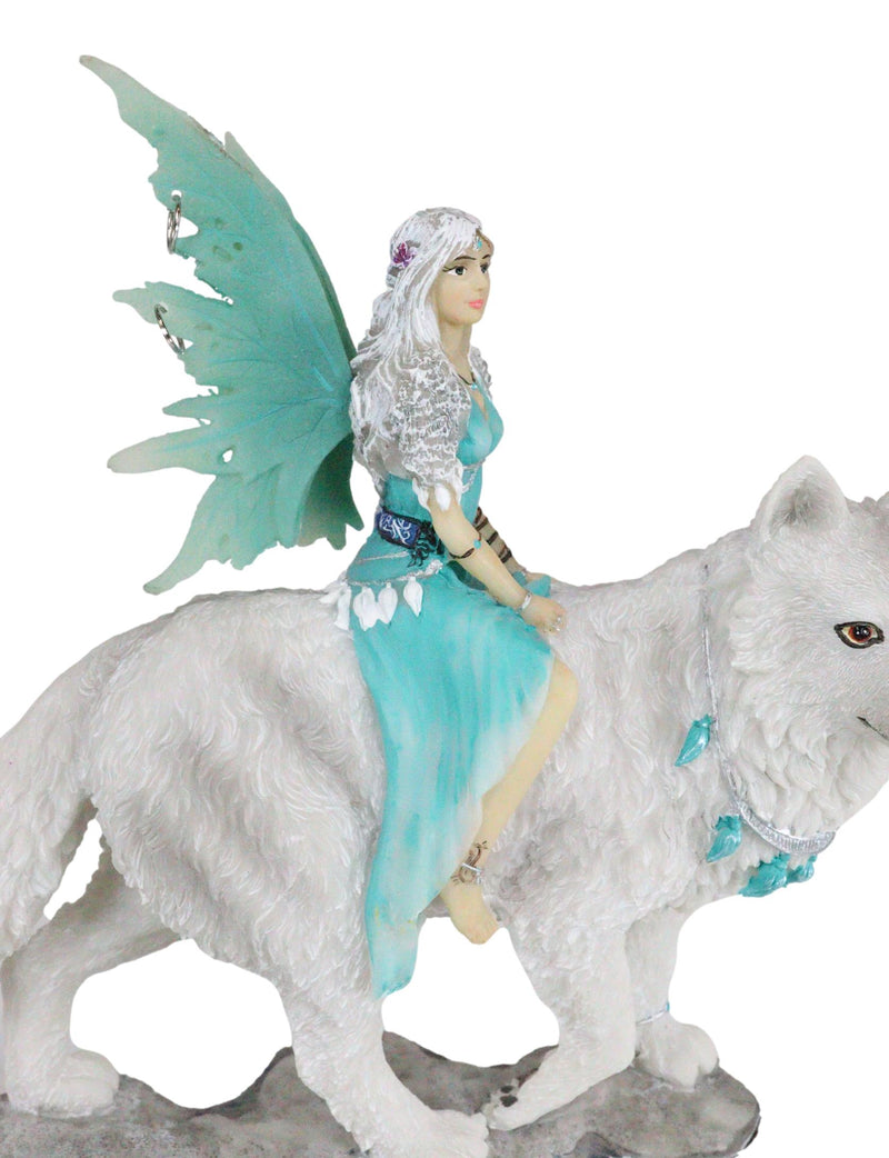 Ebros Gift Elektra Blue Ice Fairy Riding Giant Snow Wolf King Rumba Figurine 8"H