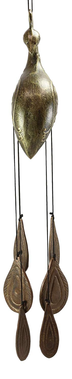 Ebros Aluminum and Brass Peacock Bird with Train Feathers Ornaments Wind Chime