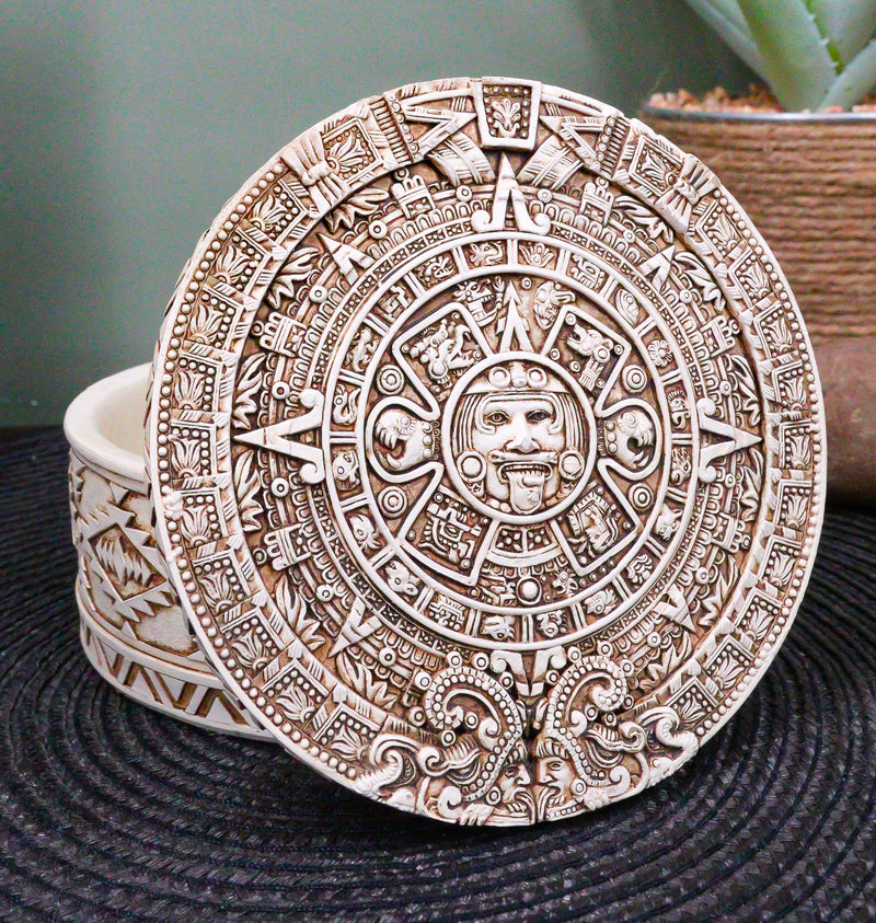 Round Mesoamerican Maya Aztec Jewelry Box Figurine 5"D Solar Calendar Sun God
